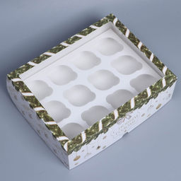 Цена за 4 шт. Коробка складная на 12 капкейков с окном «С Новым годом!» 32.5×25.5×10 см