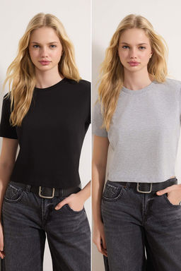 Gri Melanj-Siyah 2li Paket %100 Pamuk Crop Bisiklet Yaka Orme T-Shirt TWOSS20TS1480