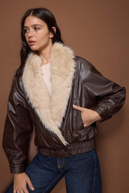 Kahverengi Oversize Kal?p Suni Kurk Detayl? Bomber Ceket Mont TWOAW26MO00170