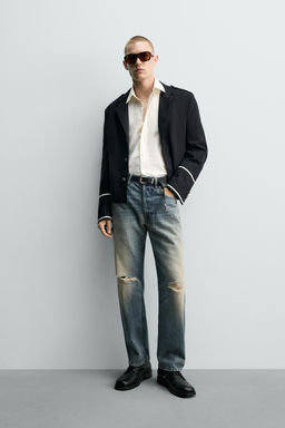 CHAQUETA CROPPED FIT CONTRASTES / Azul