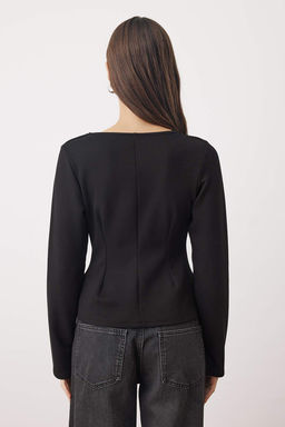 Siyah V Yaka Fermuarl? Reguler/Normal Kesim Orme Bluz TWOAW26BZ00180