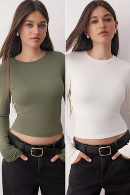 Trendyolmilla Siyah-Ekru Ikili Paket Crop/K?sa Fitted/Vucuda Oturan Orme Bluz TWOAW25BZ00061 фото 19