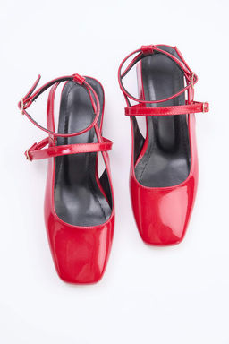 K?rm?z? Mary Jane Bilekten Bagl? Kare Burun Kad?n 4 cm Topuklu Ayakkab? TAKSS24TO00009