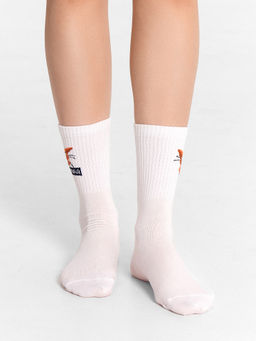 Цена за 5 пар! Носки женские высокие белые с узором в виде котика и надписью "Серада" белый 217K-2666