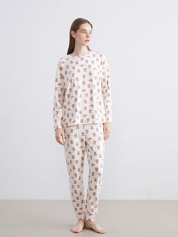 Bisiklet Yaka Ay? Bask?l? Kad?n Pijama Tak?m?