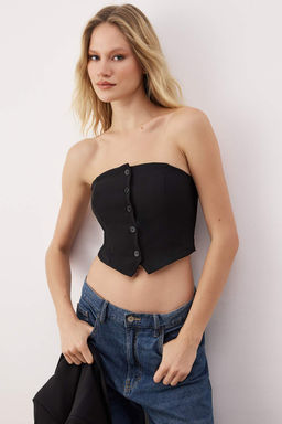 Trendyolmilla Siyah Straplez Dugme Detayl? Crop Dokuma Bluz TWOAW24BZ00421  фото 17