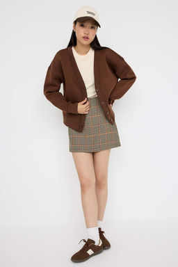 Teen Kahverengi Oversize/Genis Kal?p V yaka Full Dugme Kapama Esnek Orme Sweatshirt TWOAW26SW00013 - Trendyolmilla фото 2