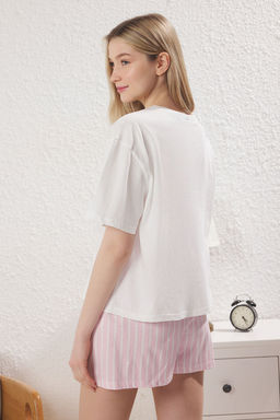 Kad?n Mini Me/Anne K?z Beyaz %100 Pamuklu Cizgili Bask?l? Sortlu Orme Pijama Tak?m? THMSS25PT00353