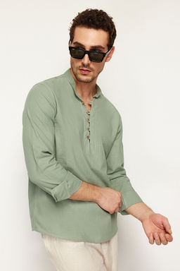 TRENDYOL MAN Mavi Slim Fit Yar?m Patl? Dugmeli Hakim Yaka Keten Gorunumlu Gomlek TMNSS20GO0097 - Trendyolmilla фото 39