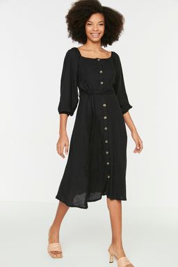 TRENDYOLMILLA Ekru Kusakl? Midi Dugmeli Kare Yaka Dokuma Keten Gorunumlu Elbise TWOSS19IE0009  фото 5