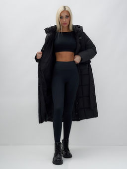 Пальто утепленное стеганное зимнее с капюшоном женское черного цвета 9609Ch - Mtforce фото 14