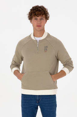 Erkek Yar_m Fermuarl_ Comfort Fit A__k Haki Basic Sweatshirt