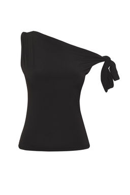 Siyah Asimetrik Yaka Baglama Detayl? Esnek Orme Bluz TWOSS25BZ00400