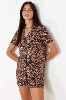 Trendyolmilla Kahverengi %100 Pamuklu Leopar Desenli Sortlu Orme Pijama Tak?m? THMSS24PT00392 фото 3