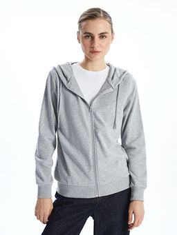 Kap??onlu D?z Uzun Kollu Kad?n Fermuarl? Sweatshirt