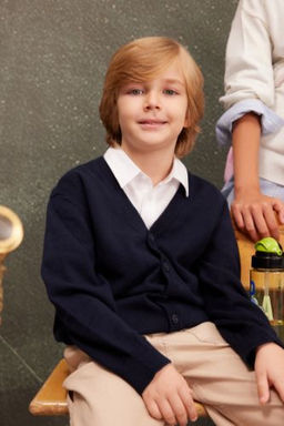 Erkek Cocuk Lacivert V Yaka Dugmeli Triko Okul H?rkas?