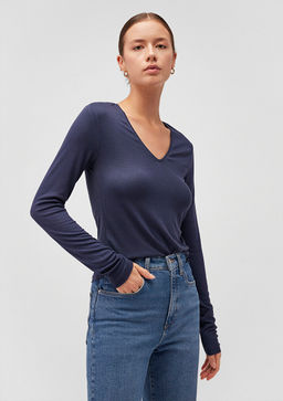 Uzun Kollu Lacivert Basic Tisort