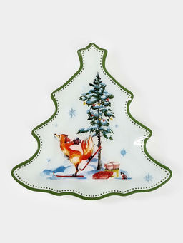 Блюдо сервировочное новогоднее Доляна «Зверьки в лесу», 24.5×24.7×2 см, стекло, белое