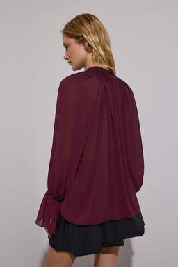 Limited Edition Koyu Bordo Boyundan Baglamal? Astars?z Transparan Dokuma Party Bluz TPRAW26BZ00025