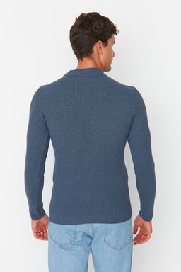 Indigo Fitted Dar Kal?p Pamuklu Yar?m Bal?kc? Yaka Fitilli Triko Kazak TMNAW21KZ0568