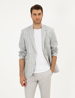 Gri Slim Fit %100 Keten _izgili Ceket