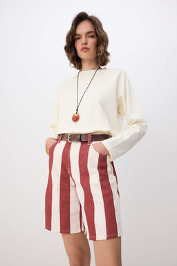 Cok Renkli K?rm?z? Cizgili Yuksek Bel Denim Bermuda TWOSS26SR00153 - Trendyolmilla фото 4