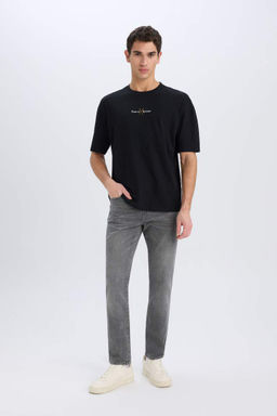 Oversize Genis Kal?p Bisiklet Yaka S?rt Bask?l? K?sa Kollu Tisort - Defacto фото 3