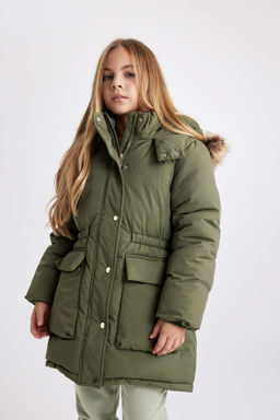 Водоотталкивающая куртка со съемным капюшоном и подкладкой из искусственного меха для девочек, пальто - Defacto фото 4