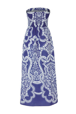 Trendyolmilla Cini Desenli Straplez Maxi Dokuma %100 Pamuk Plaj Elbisesi TBESS25EL00093 фото 12