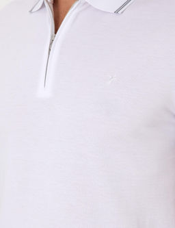 Beyaz Slim Fit %100 Pamuk Fermuarl_ Polo Yaka T-shirt