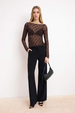 Kahverengi Fitted/Vucuda Oturan Kay?k Yaka Uzun Kollu Dantel Orme Bluz TWOSS26BZ00638 - Trendyolmilla фото 2