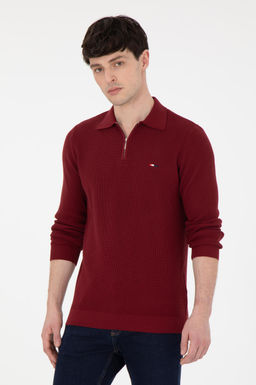 Erkek Regular Fit Yar_m Fermuarl_ Bordo Basic Kazak