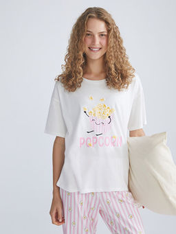 Bisiklet Yaka Bask?l? Kad?n Pijama Tak?m?