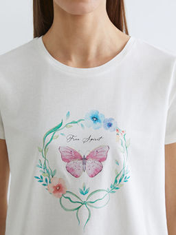 Bisiklet Yaka Bask?l? Kad?n Ti??rt