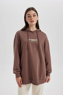 Плотный свитшот-туника с капюшоном и вышивкой обычного кроя - Defacto фото 3