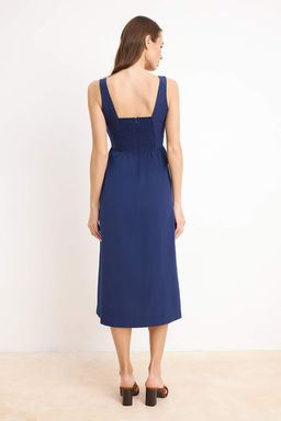 Indigo Belden Ac?lan Midi Korse Dikis Detayl? Dokuma Elbise TWOSS24EL00038