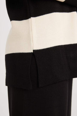 Свитер-туника обычного кроя в полоску с воротником-поло - Defacto фото 6