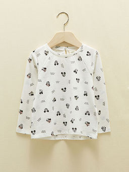 Bisiklet Yaka Uzun Kol Minnie ve Mickey Mouse Bask?l? K?z Bebek Ti??rt