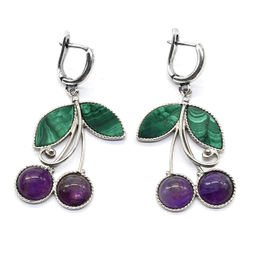 Серьги из малахита и аметиста "Вишенки" 24*34мм.