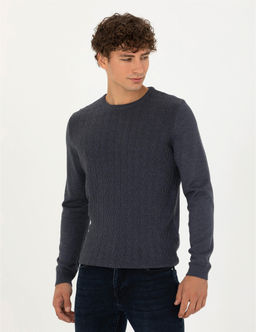 Koyu Mavi Slim Fit Bisiklet Yaka Triko Kazak