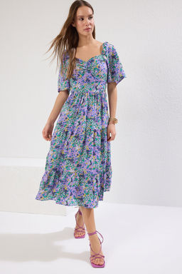 TRENDYOLMILLA Mor A Kesim Balon Kollu Cicek Desenli Midi Dokuma Elbise TWOSS20EL2323