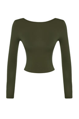 Haki Derin S?rt Dekolteli Fitted/Vucuda Oturan Pamuklu Esnek Orme Bluz TWOAW24BZ00173