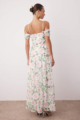 Cok Renkli Cicekli Sifon Dokuma Dusuk Kol Mezuniyet Abiye Elbise TPRSS25AE00185 - Trendyolmilla фото 4