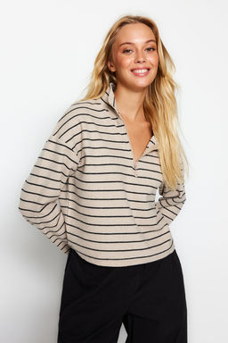 Ac?k Bej Cizgili Selanik Fermuarl? Dik Yaka Regular/Normal Kal?p Orme Sweatshirt TWOAW22SW0732