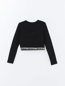 Bisiklet Yaka Bask?l? Uzun Kollu K?z ?ocuk Crop Ti??rt