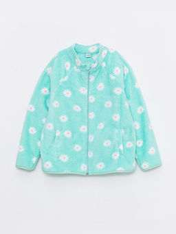 Dik Yaka Desenli Uzun Kollu Pel?? K?z ?ocuk Fermuarl? Sweatshirt