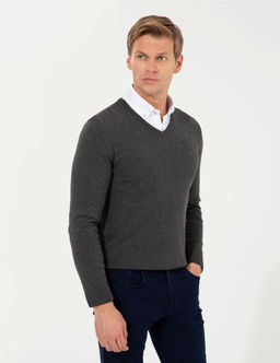 Gri Melanj Slim Fit V Yaka Basic Triko Kazak