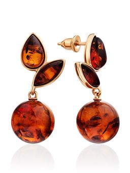 Яркие нарядные серьги из позолоченного серебра и коньячного янтаря Эдем