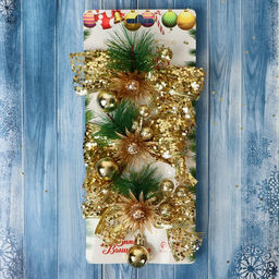 Ёлочные игрушки 3 шт. Зимнее волшебство. Еловая композиция пластик, бант блеск, цветок, 117 см, золото  фото 3