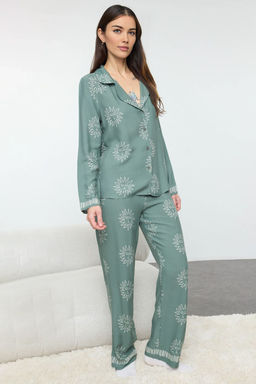 Yesil Gunes Desenli Viskon Dokuma Pijama Tak?m? THMAW25PT00034